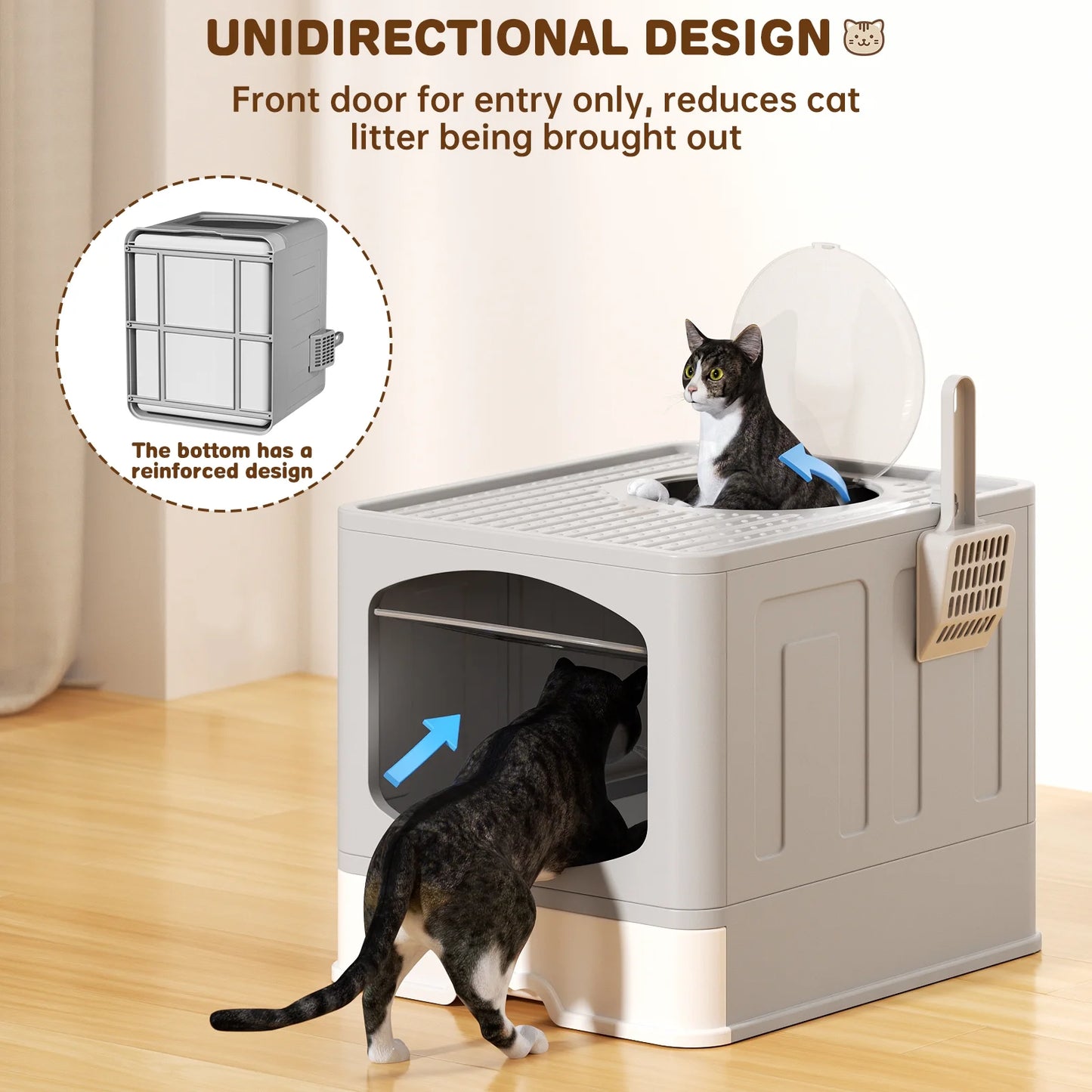 Large Foldable Cat Litter Box with Scoop, Front Entry Top Exit Cat Litter Pan with Lid, Enclosed Anti-Splashing Kitty Litter Box, Drawer Type Cat Litter Easy Cleaning and Scoop, White