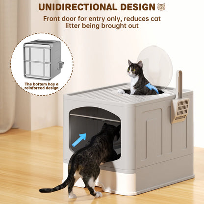 Large Foldable Cat Litter Box with Scoop, Front Entry Top Exit Cat Litter Pan with Lid, Enclosed Anti-Splashing Kitty Litter Box, Drawer Type Cat Litter Easy Cleaning and Scoop, White