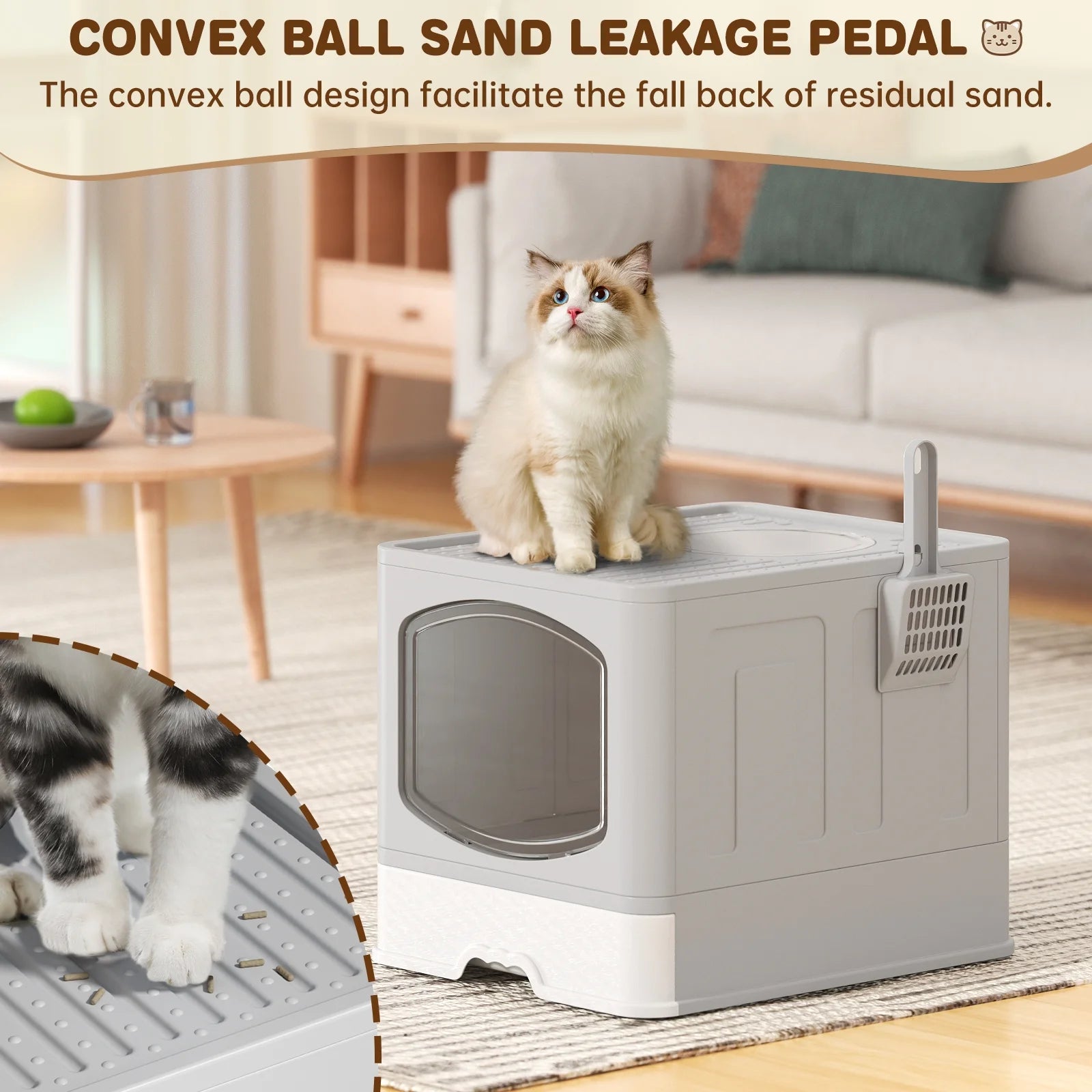 Large Foldable Cat Litter Box with Scoop, Front Entry Top Exit Cat Litter Pan with Lid, Enclosed Anti-Splashing Kitty Litter Box, Drawer Type Cat Litter Easy Cleaning and Scoop, White